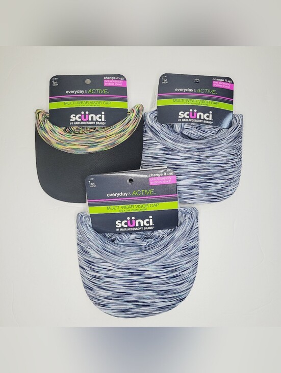 scunci Accessories - Lot 3-Scunci Multi-Wear Visor Cap Rainbow/Black, Blue/White, Blue/White